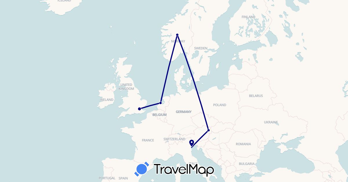 TravelMap itinerary: driving in Austria, United Kingdom, Italy, Netherlands, Norway (Europe)